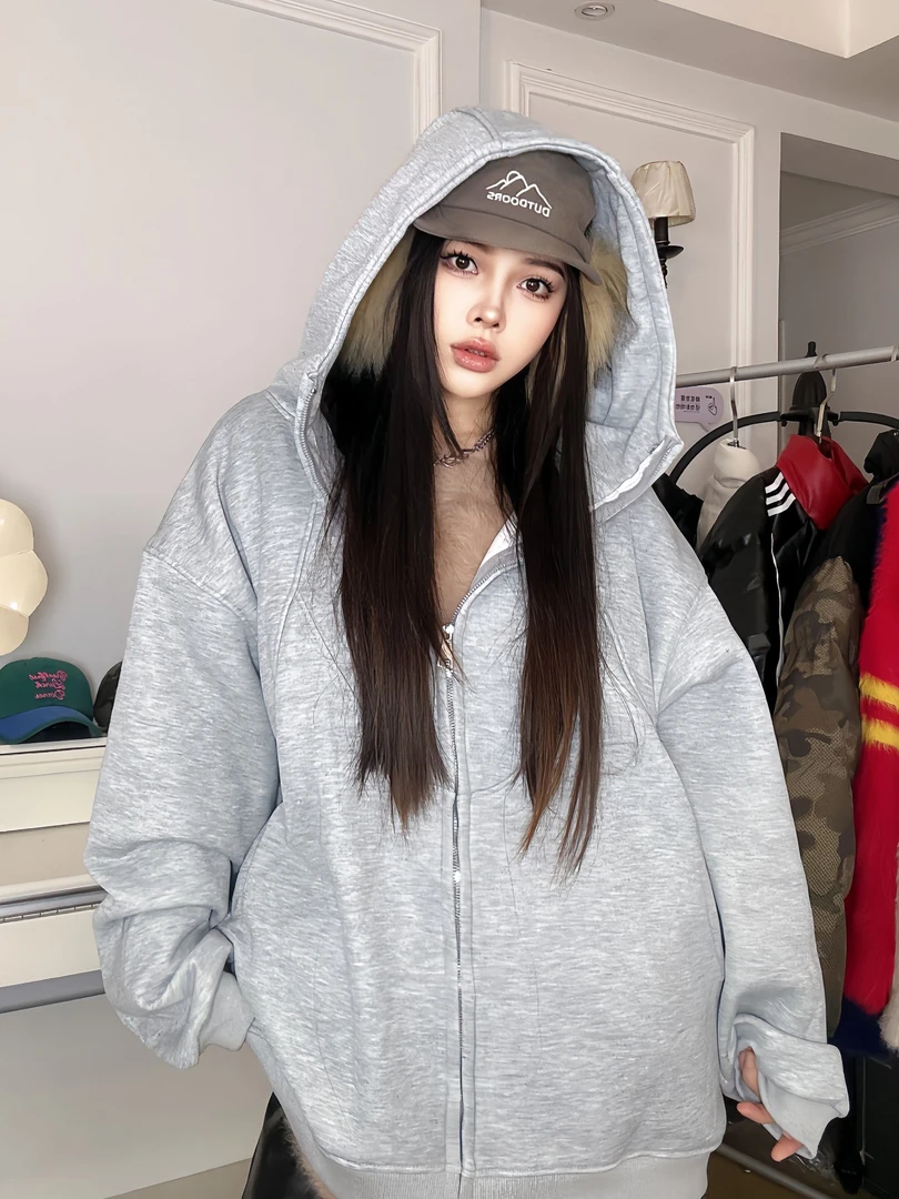 美式重磅解构连帽外套男冬季潮牌设计感拼接卫衣高街加绒情侣帽衫