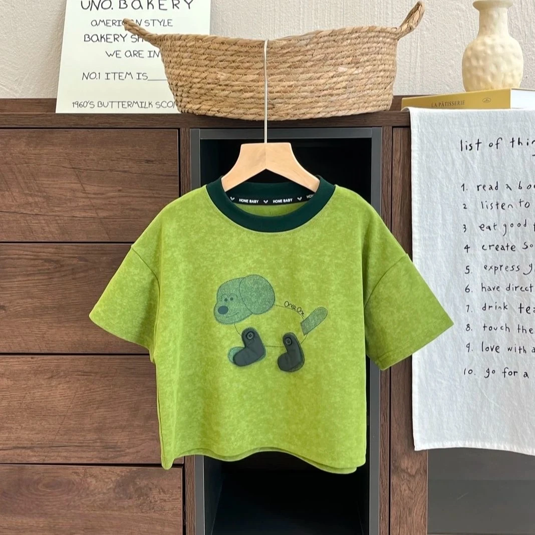 【纯棉绿色小狗T】夏季短袖上衣2025新款帅气显白上衣短袖孩洋气