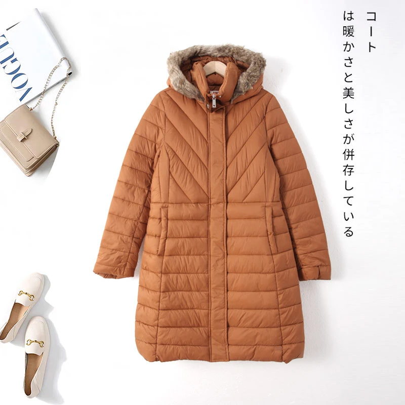 冬季女士长款棉服保暖舒适绗缝上衣连帽毛领立领上衣00103日常风