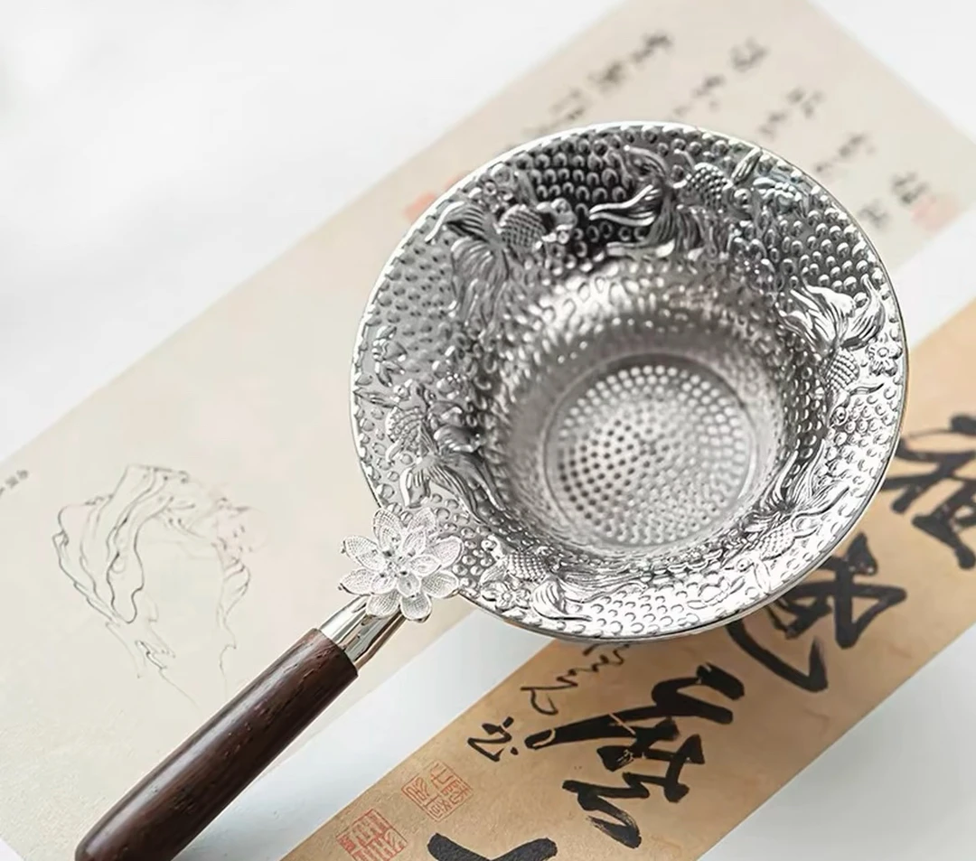 莲花锦鲤合金锤纹防烫木柄茶滤泡茶专用茶水过滤器