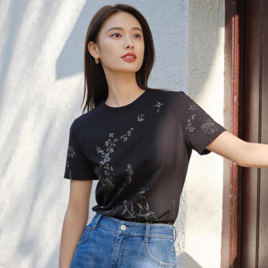 EP国风雅莹女装 细绒棉白色印花短袖t恤上衣 新款5317A