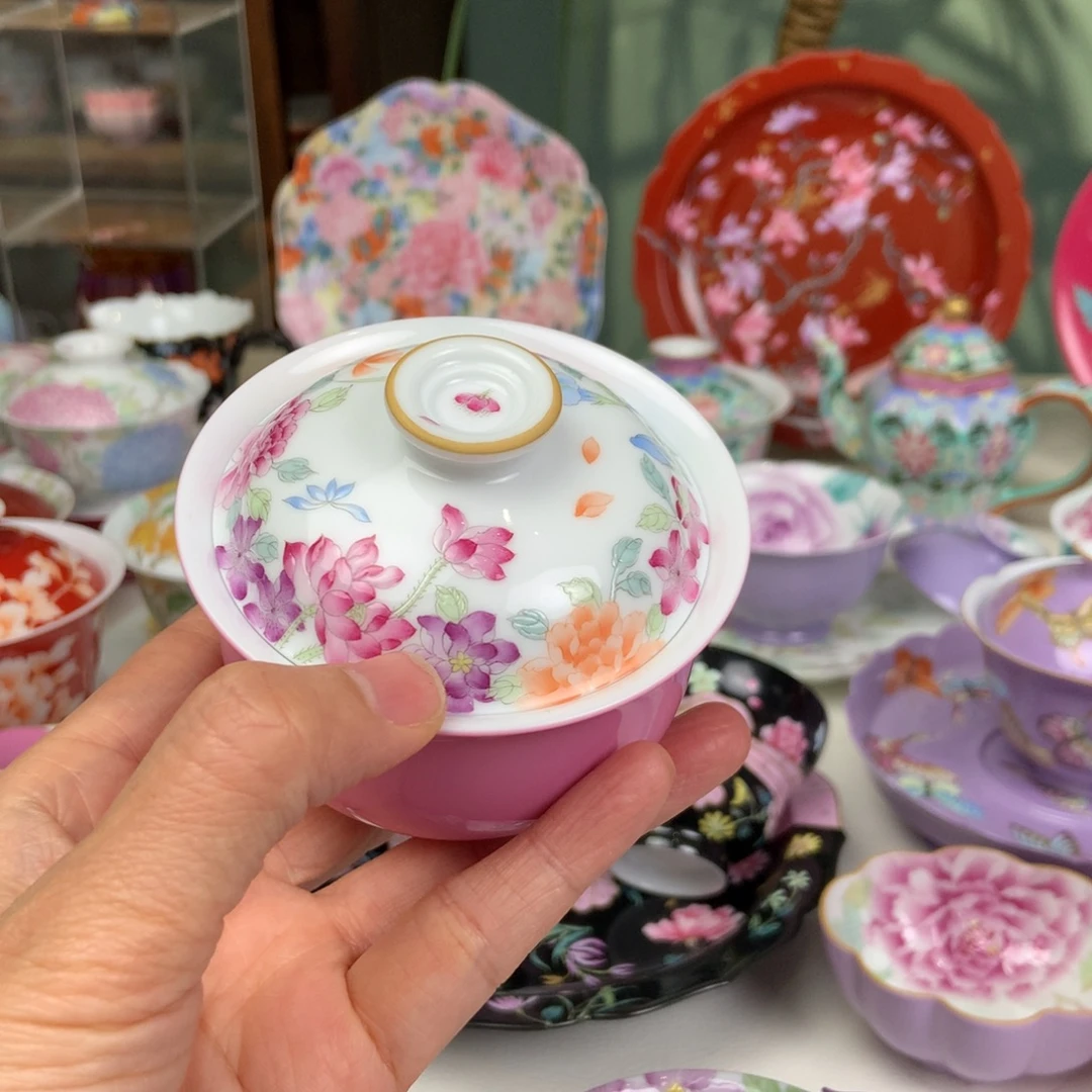 陶景德镇宫粉布袋盖碗