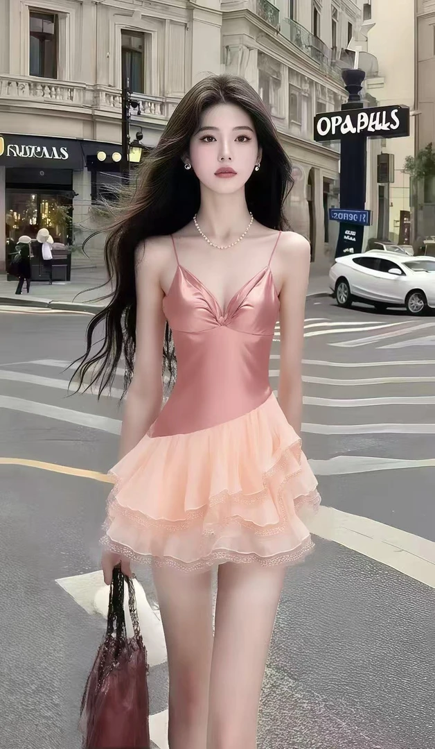 轻奢小众千金风粉色V领吊带修身收腰不规则连衣裙女显瘦气质短裙