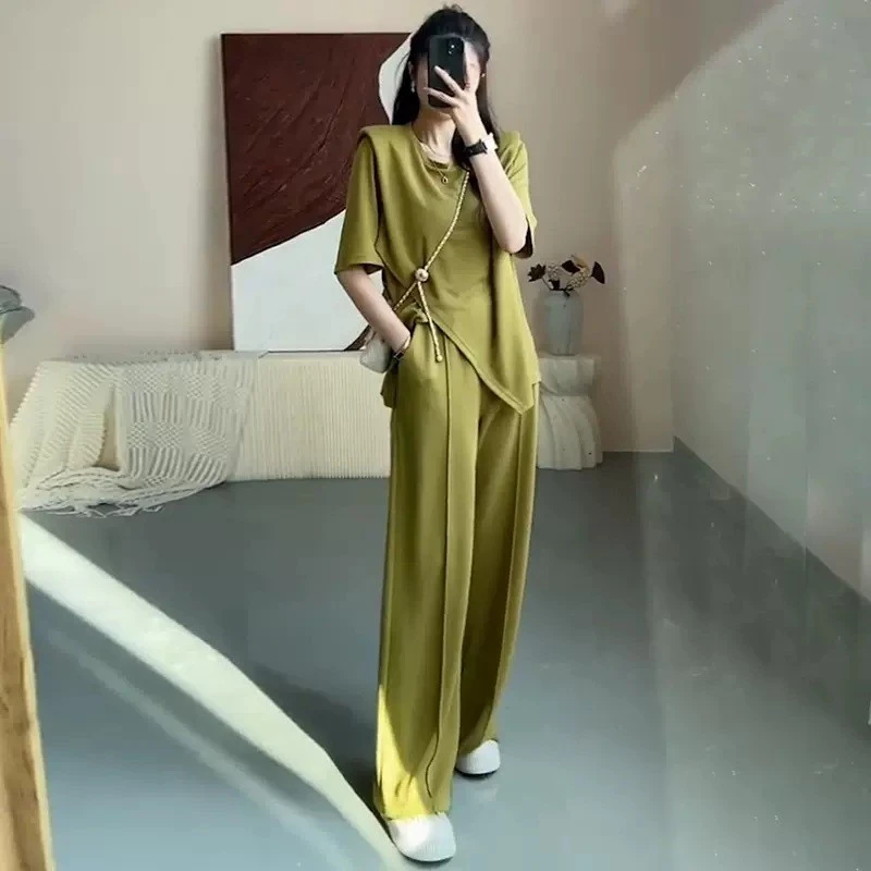 [现货]短袖针织休闲套装夏季微胖mm减龄大码女装直筒裤两件套5014