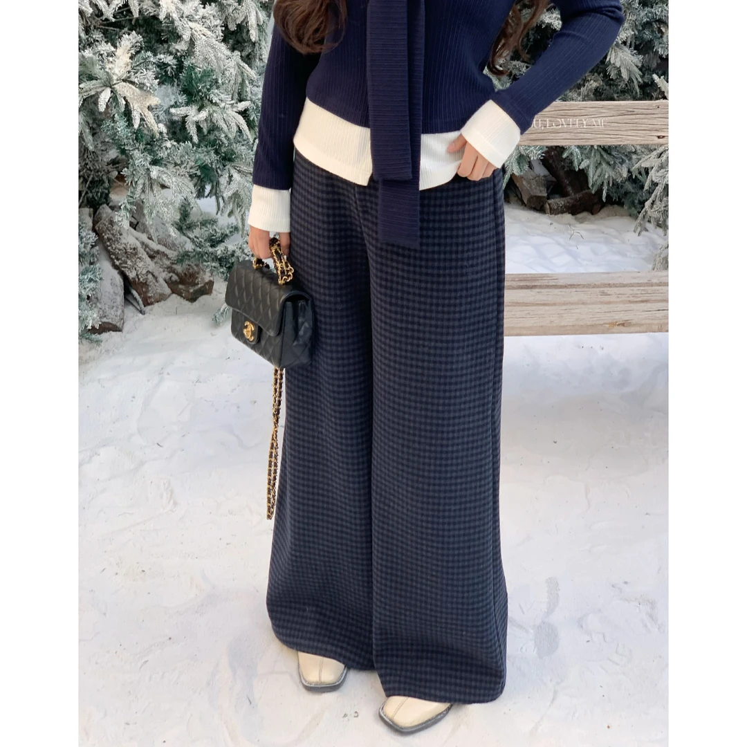 李潇洒【布拉格】微胖大码格纹毛呢直筒裤冬慵懒宽松休闲阔腿长裤子