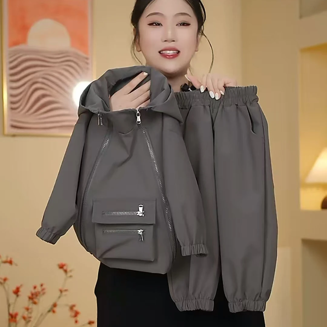 儿童套装男童春装新款女童时髦洋气冲锋衣韩版休闲连帽两件套春秋