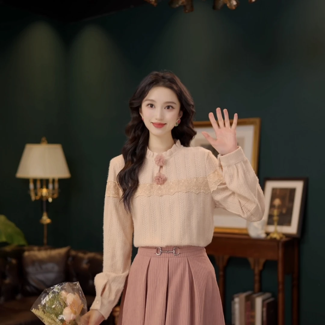 琦琦【桃气少女】复古港风条纹蕾丝立体花衬衫YE0708389