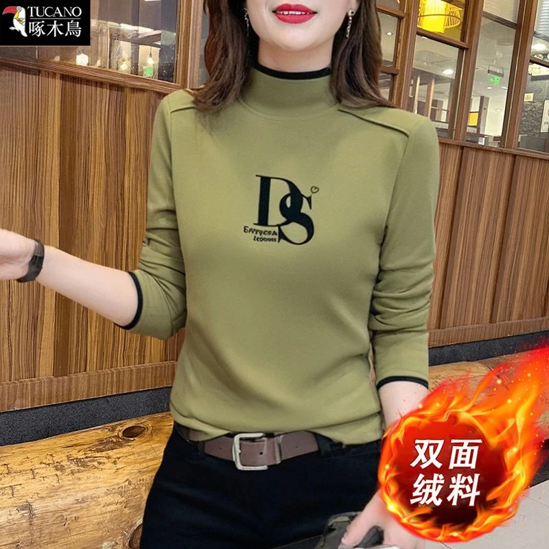 啄木鸟正品2025半高领长袖秋冬修身女澳绒T恤百搭双面绒加厚显瘦