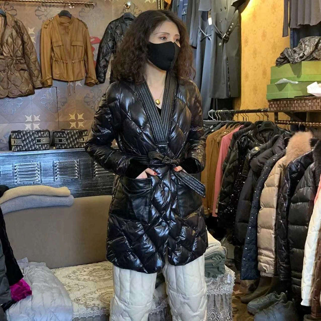 （现货）2025冬季新款中长收腰系带和服领羽绒外衣19502