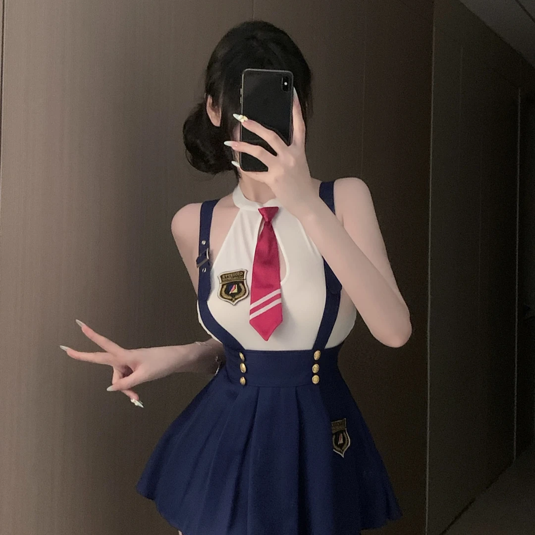 暗夜蜜语【海风印记】jk套装女短袖收腰小众背带裙百褶睡裙睡衣
