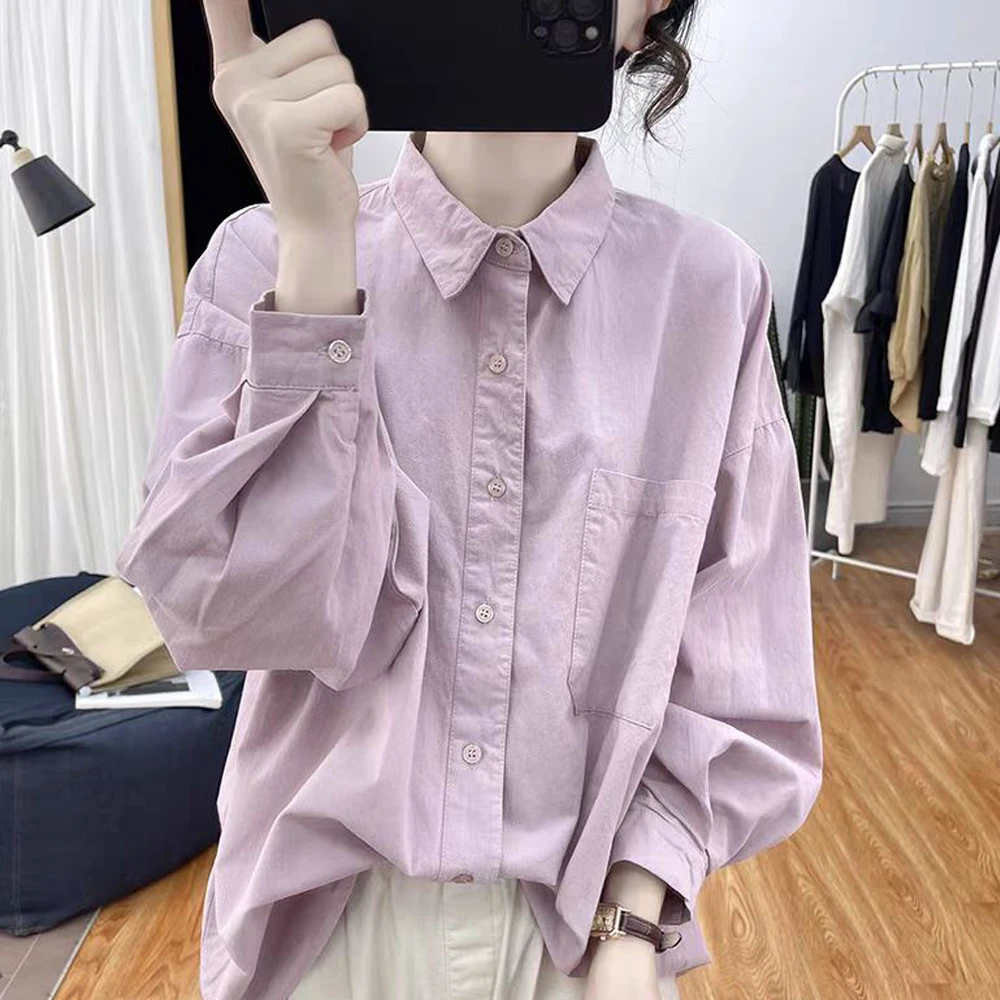 早秋新款薄款纯棉POLO领长袖衬衫女宽松时尚休闲衬衣外套上衣高级