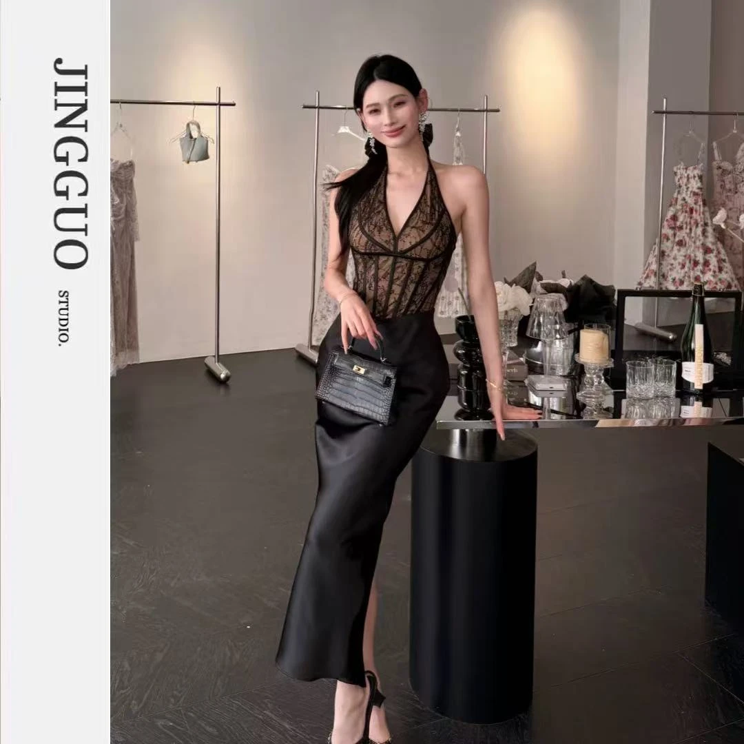【JINGGUO轻奢】小众设计蕾丝挂脖高级感拼接缎面连衣裙7481