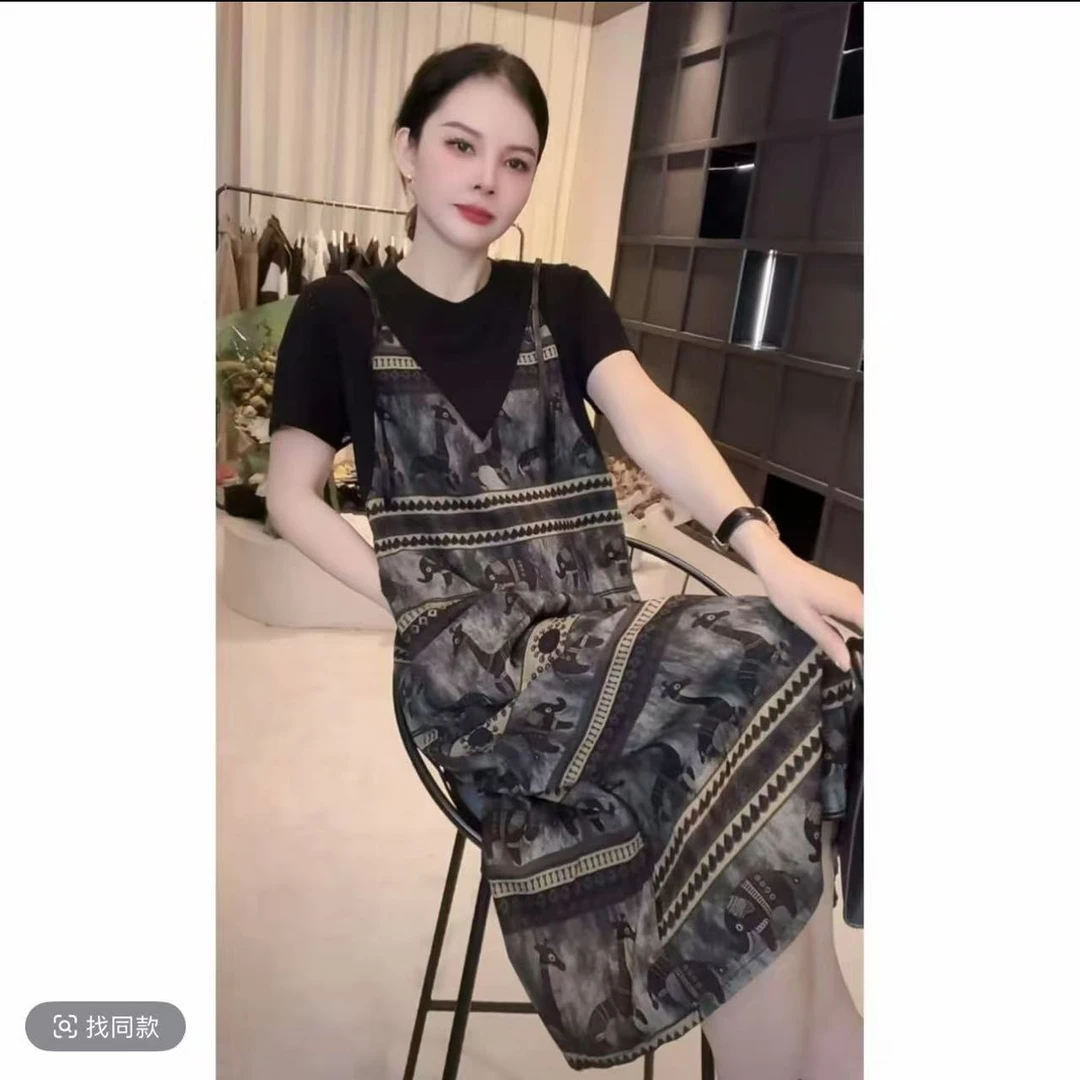 民族风复古印花拼接假两件连衣裙女夏季新款显瘦气质优雅T恤裙子
