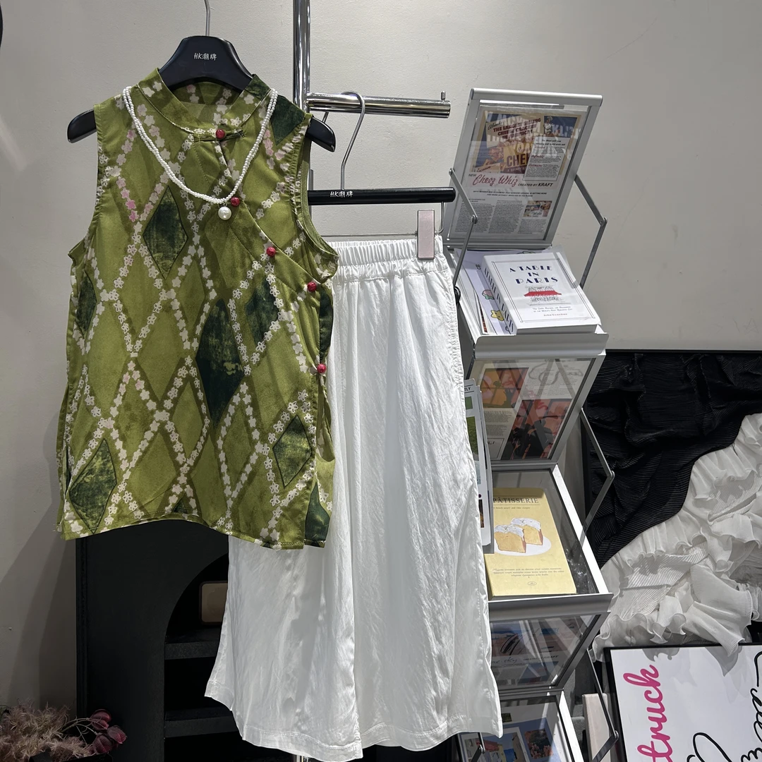 女宝夏季国风减龄印花衬衫2025中长款盘扣短袖阔腿裤两件套25165