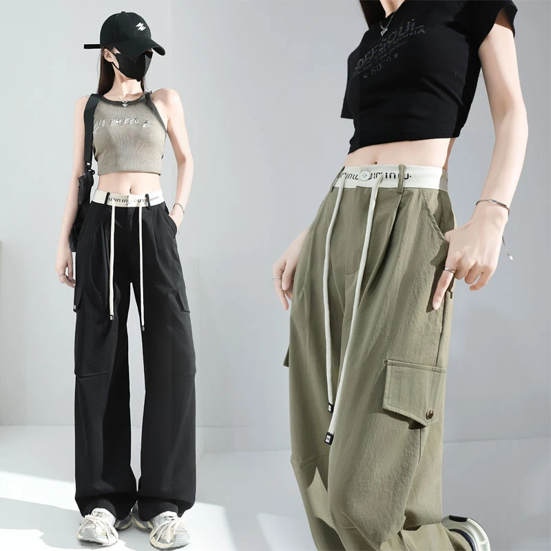 美式工装字母拼接阔腿裤女宽松高腰抽绳设计感显瘦百搭运动休闲裤