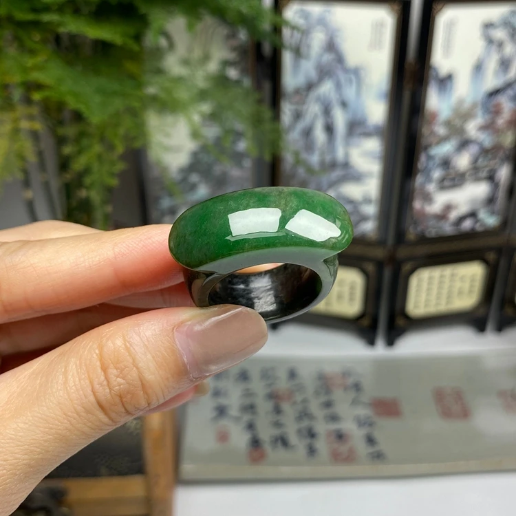 24号 老坑料藓加绿满色复古马鞍戒指环 天然翡翠A货