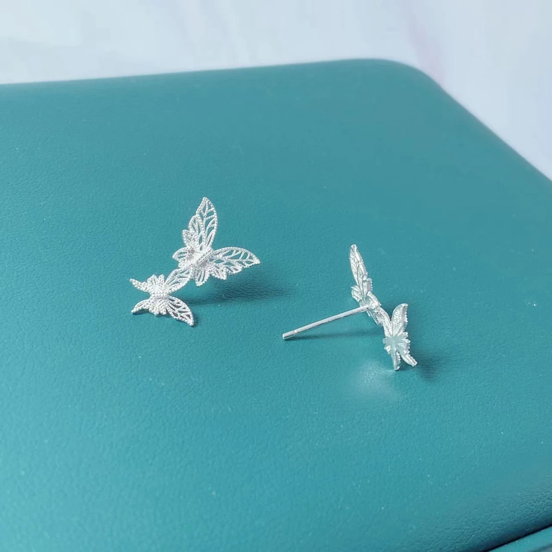 足银925银耳饰 足银花丝双蝴蝶耳钉