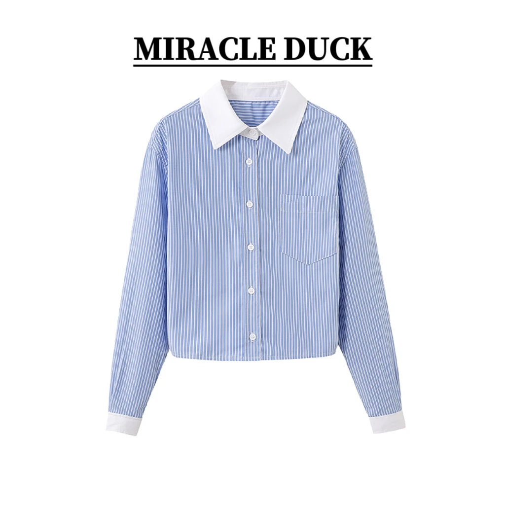 【学院风】夏季小众短款设计感休闲条纹蓝色拼接长袖衬衫C1529