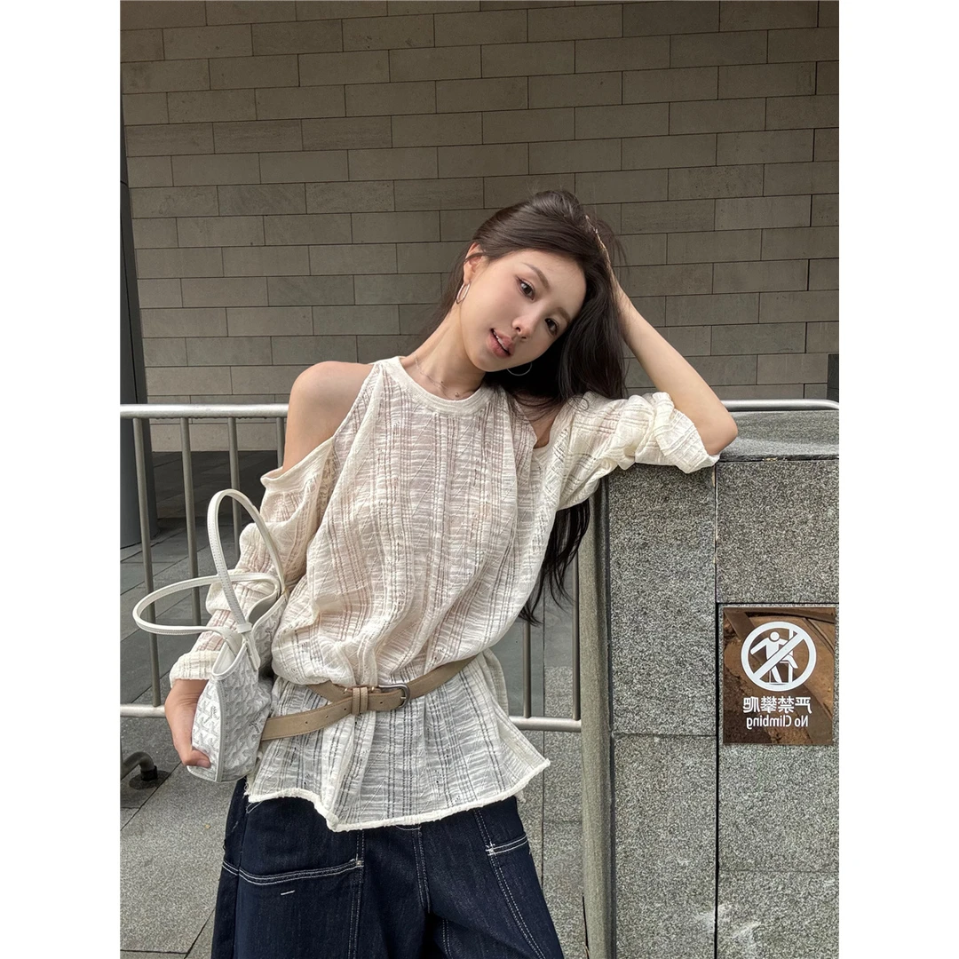 韩版松弛感圆领微透露肩长袖针织衫女时尚小众百搭套头防晒衫上衣