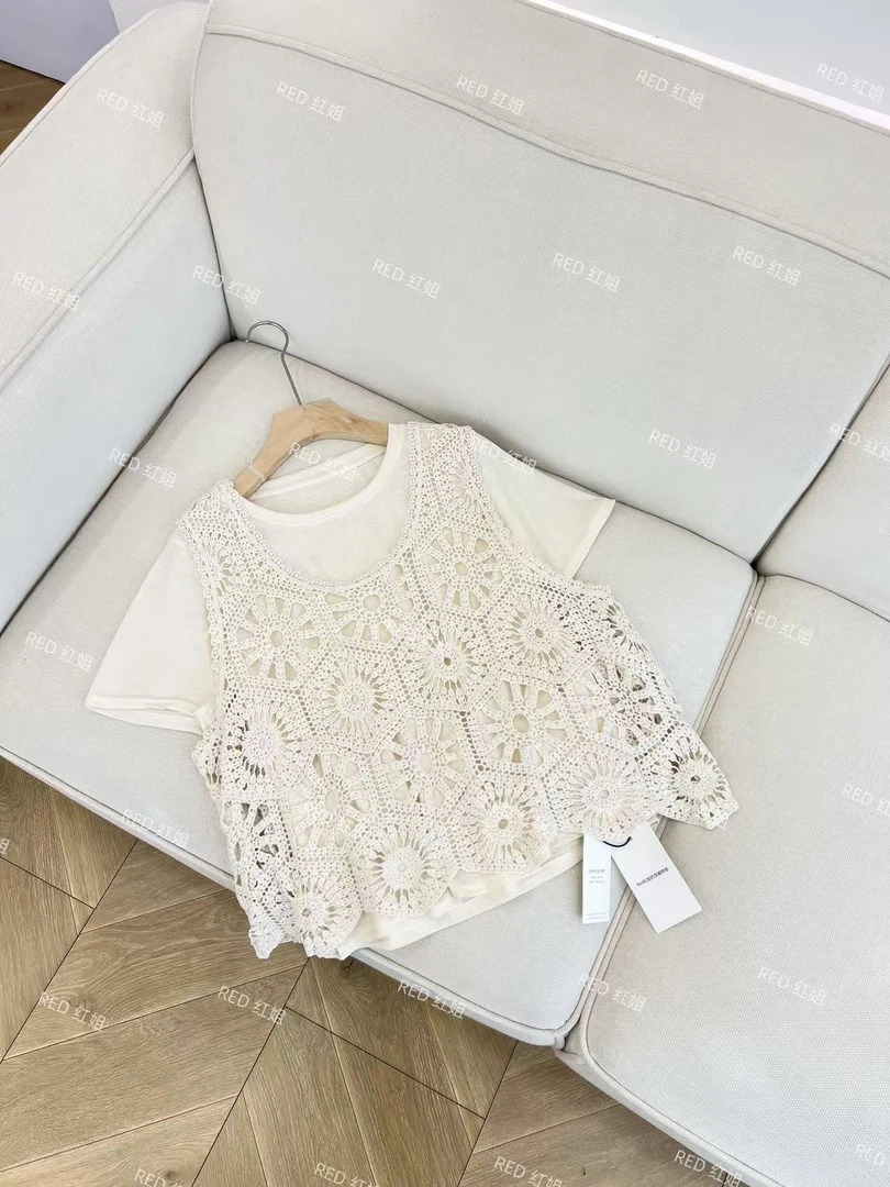 真两件套~新款夏日带背心编制镂空短袖T恤116