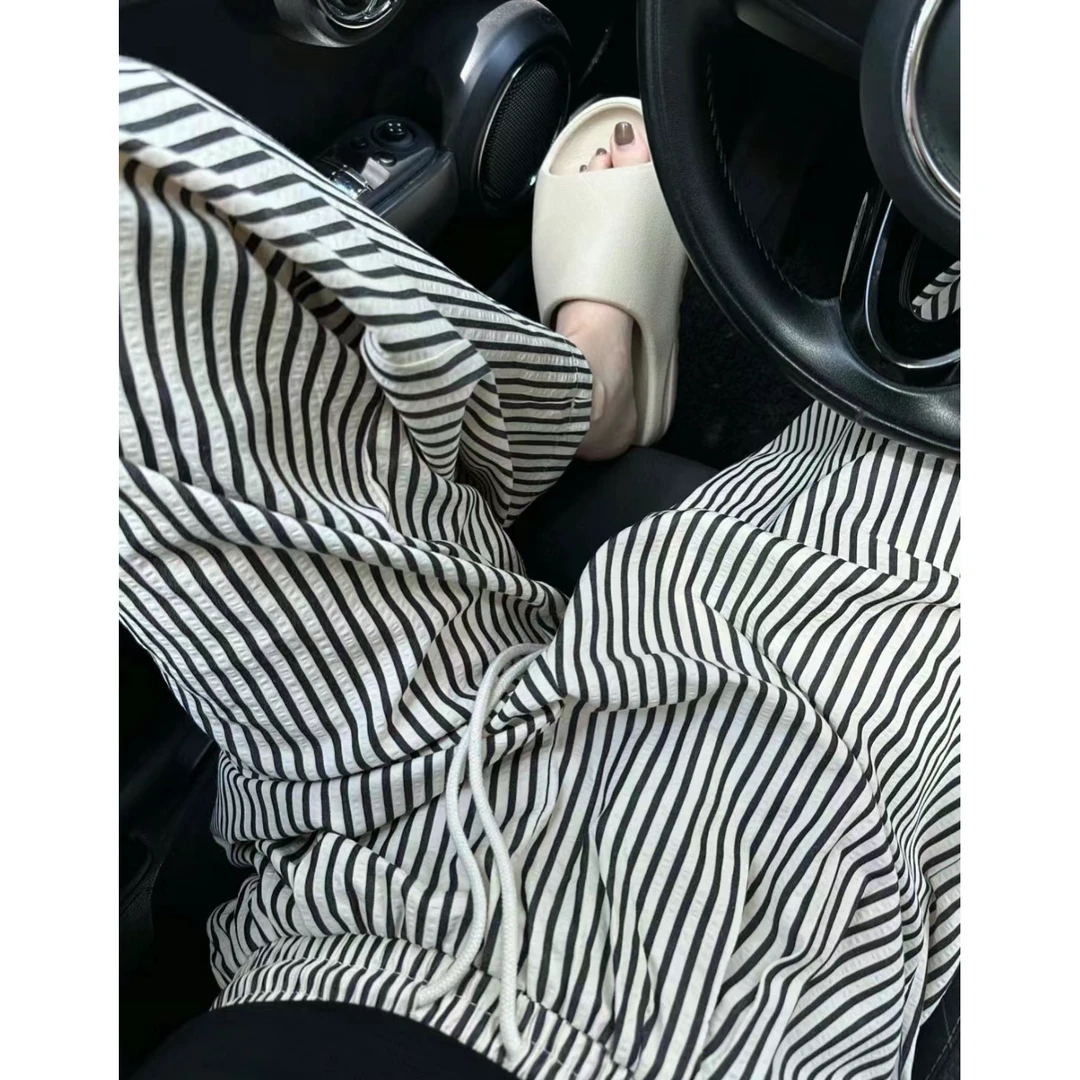 黑白竖条纹阔腿裤女春季新款慵懒遛弯裤宽松休闲小个子拖地直筒裤