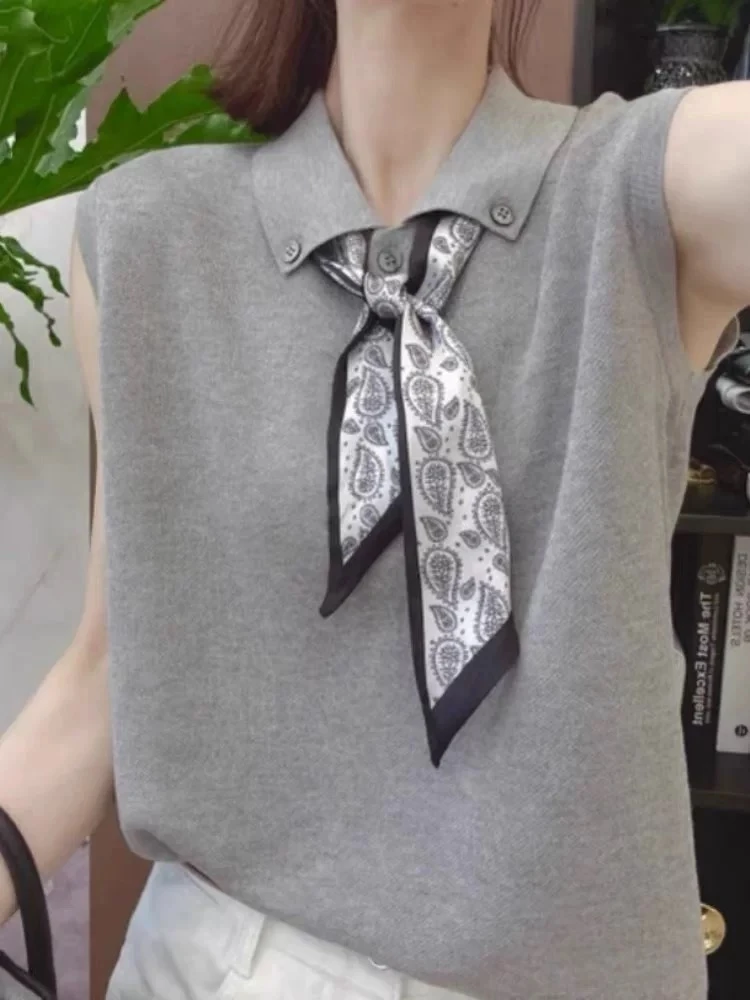 （送丝巾）新款韩版百搭修身显瘦女时尚翻领针织无袖上衣5175