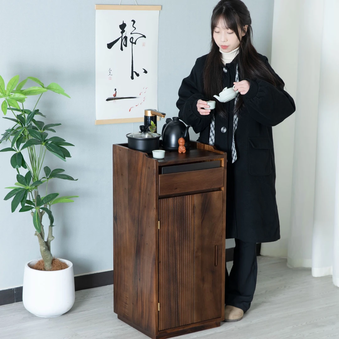 南美黑胡桃茶吧几实木烧水柜高体储物柜茶吧机烧水一体角几餐边柜