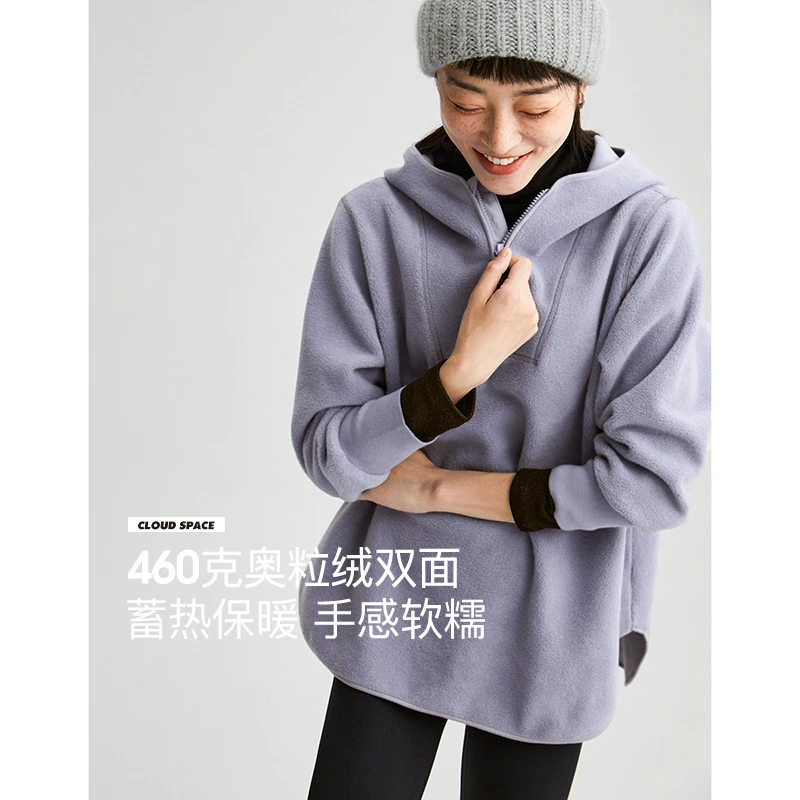 CLOUDSPACE/云上生活女装颗粒绒连帽半门襟宽松休闲运动卫衣女