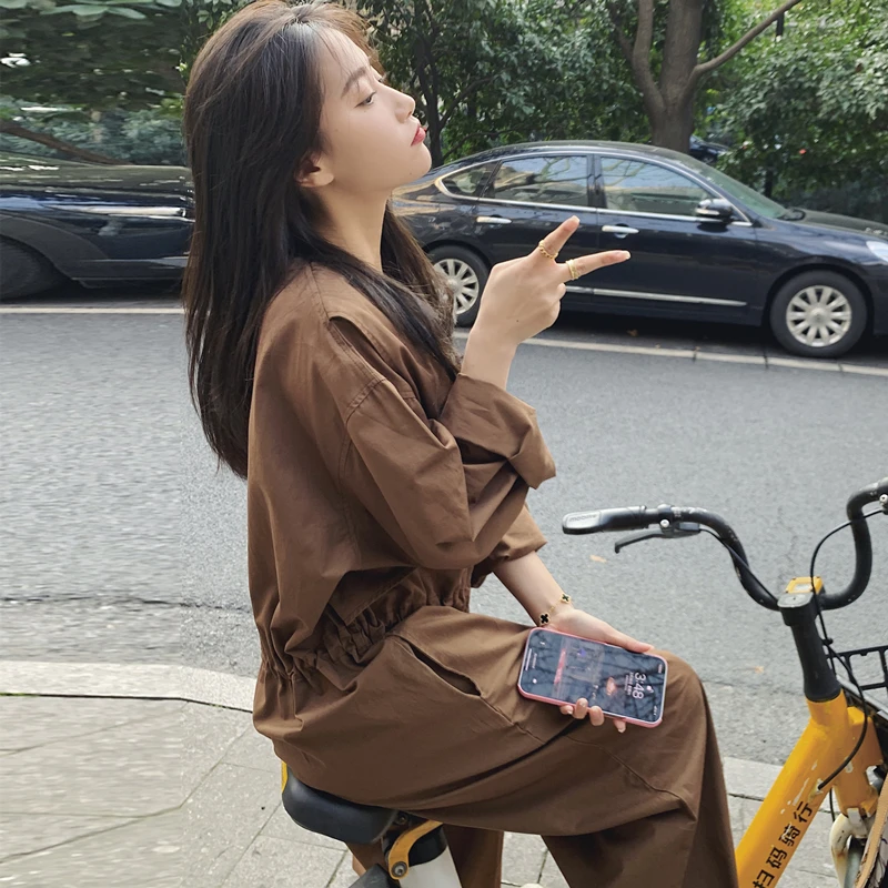 拼接设计感工装连体裤女2025春新款时尚垂感高腰长袖休闲连衣裤