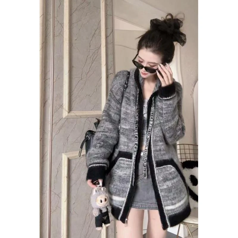 【杰娜洋羊绒】拉绒工艺250370-100山羊绒设计感复古撞色针织开衫