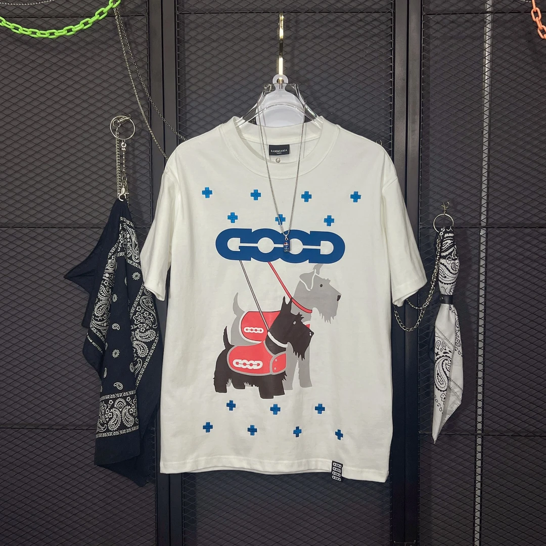 T6664ins时尚潮流圆领男女情侣同款小狗百搭宽松休闲短袖t恤