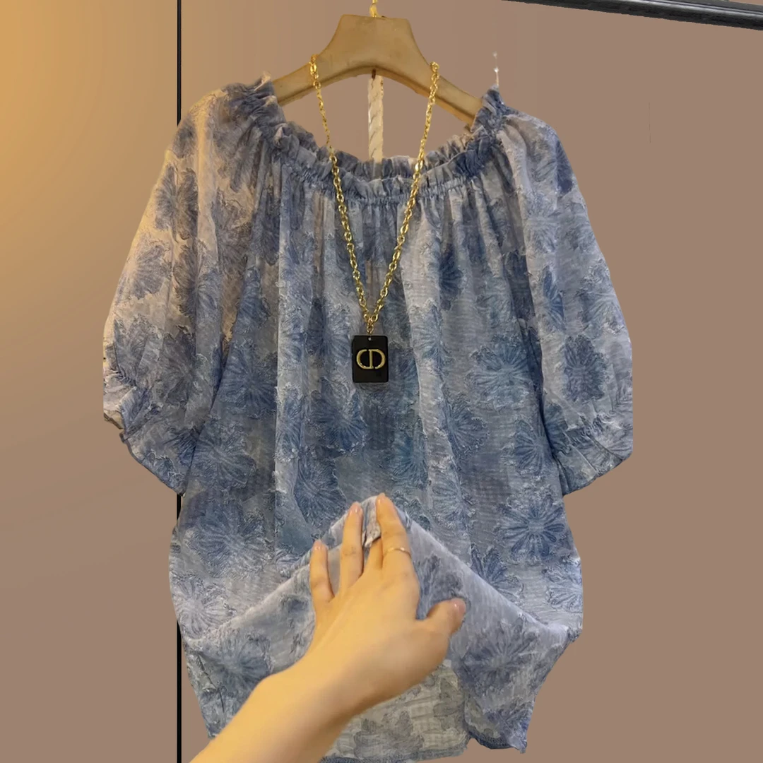 夏季大码女装胖妹妹蓝色大版遮肉显瘦宽松百搭时尚短款半袖上衣