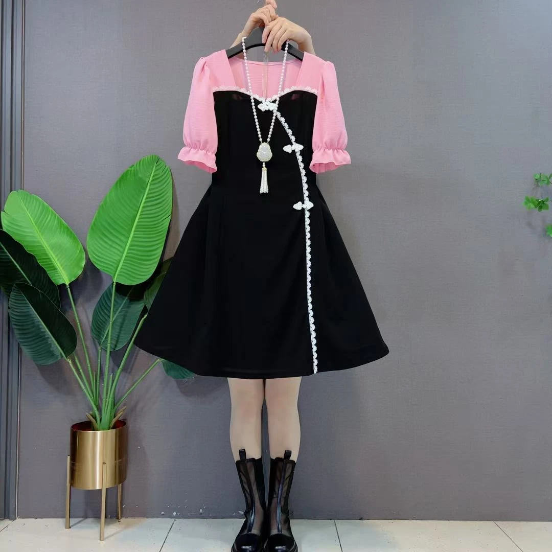 欧货新款夏季改良旗袍女年轻款小个子雪纺拼接洋气减龄甜美连衣裙