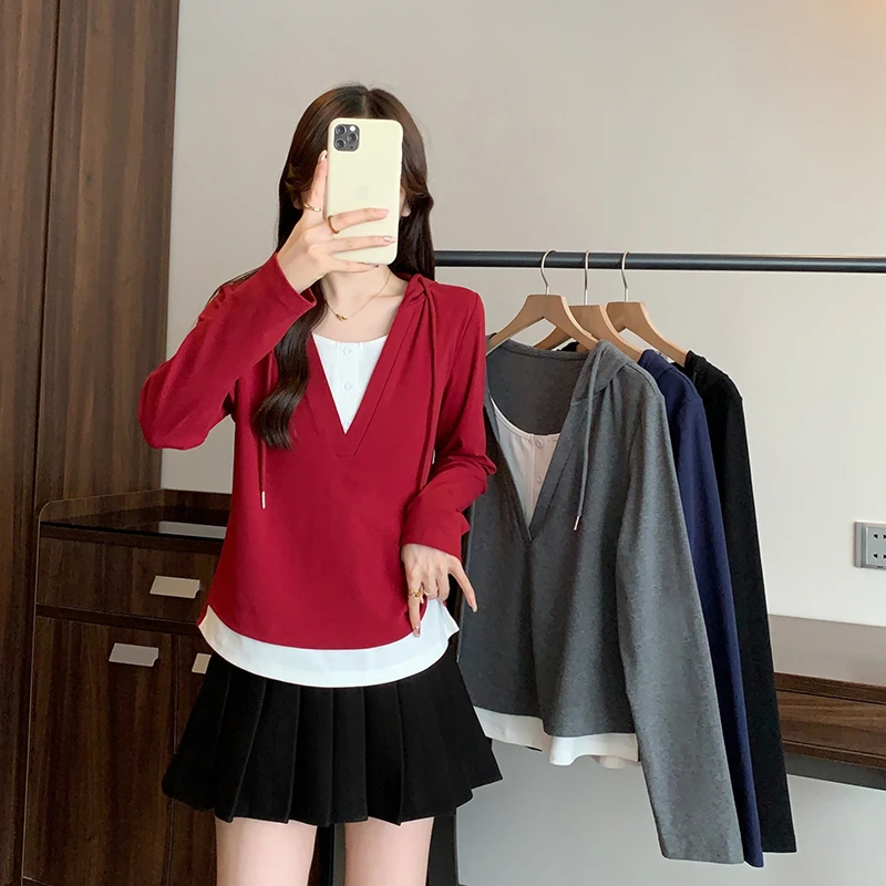 2025秋装新款胖mm大码女简约减龄撞色拼接假两件抽绳长袖上衣