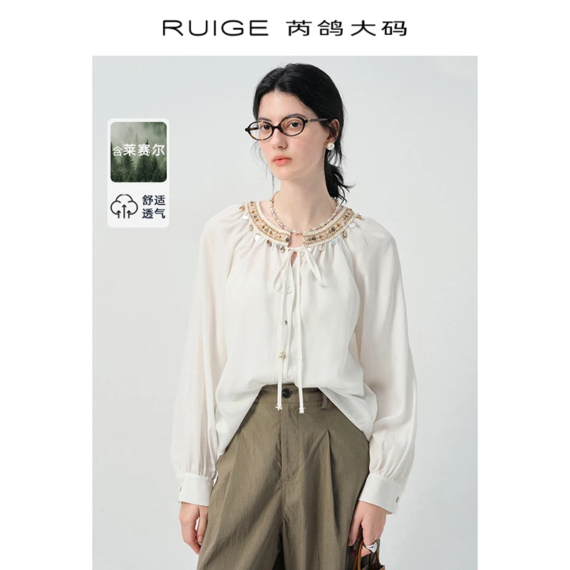 芮鸽微胖定制白色显瘦衬衫莱赛尔系带小衫宽松微胖mm上衣0011DN