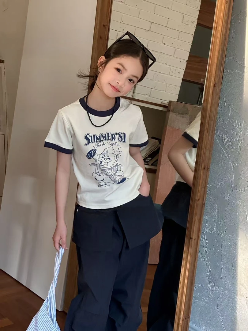 25夏季新品 女童甜筒小猫卡通涂鸦T恤短款中大童休闲韩版上衣8223