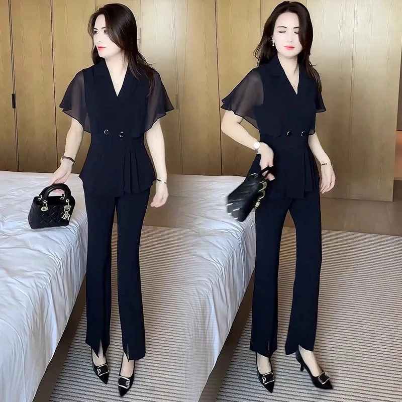 夏季新款时尚气质套装女洋气显瘦减龄雪纺短袖上衣阔腿裤两件套潮