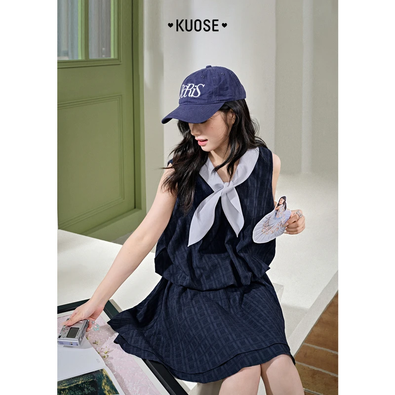 阔色无袖背心裙绑带连衣裙2025夏季新款小众设计感短裙KSB2505016
