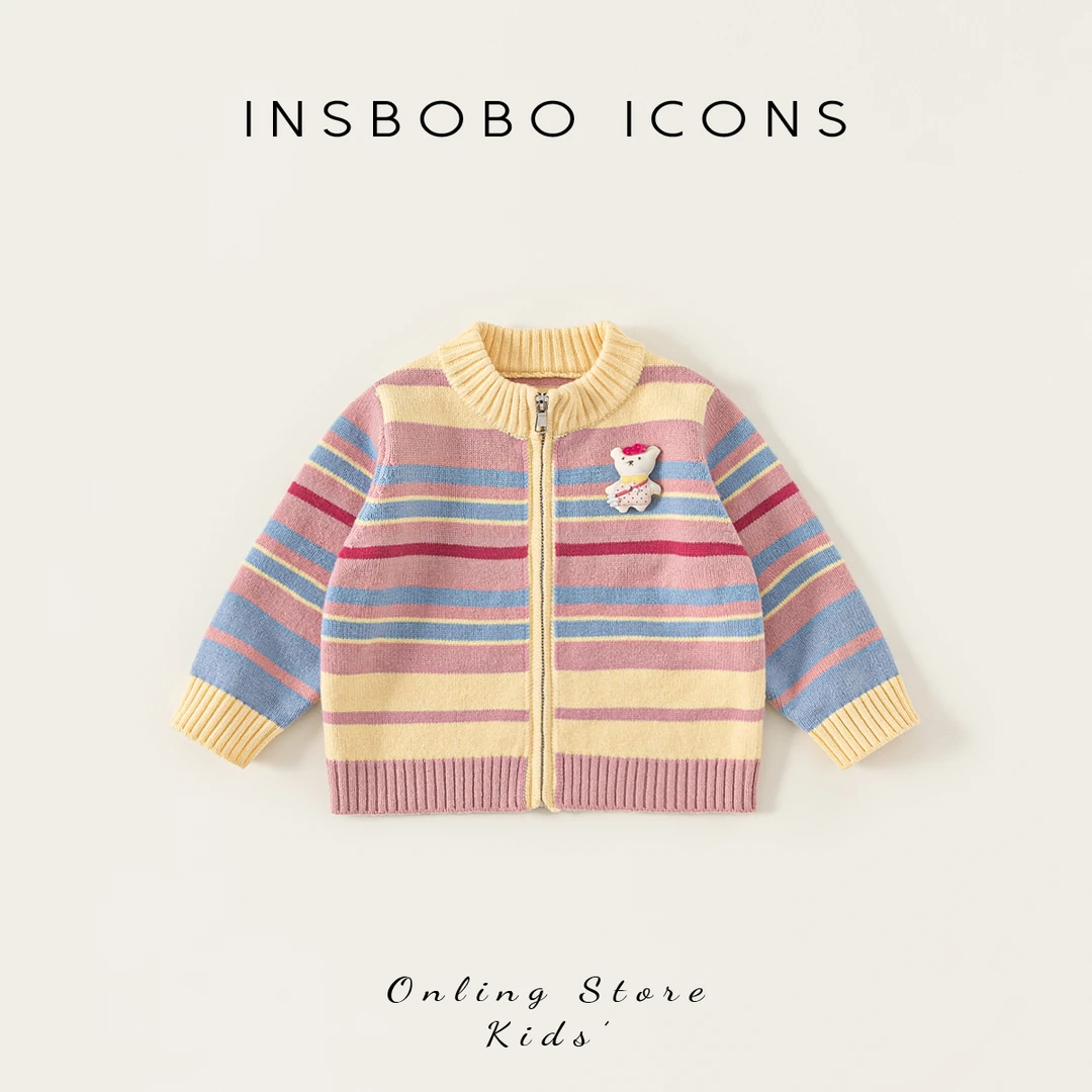 INSbobo儿童毛衣外套洋气秋季穿搭休闲条纹拉链毛衣外套潮QY25329