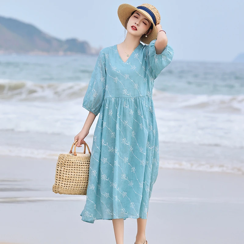 高端纯苎麻碎花连衣裙女2025新款春夏季休闲宽松显瘦棉麻大摆裙子