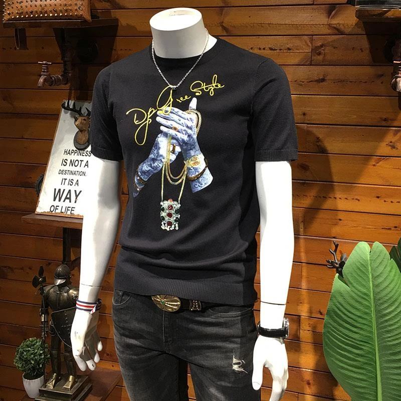 欧洲站2025秋季针织衫烫钻印花短袖毛衣男青年修身半袖刺绣t恤潮