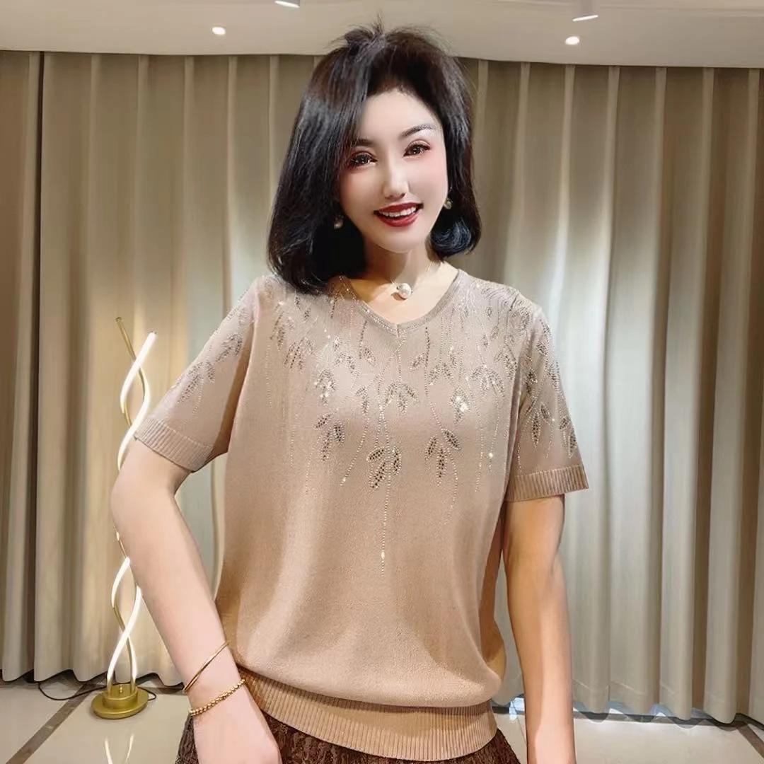 869577阳阳家夏季新款高品质重工艺短袖针织美衫