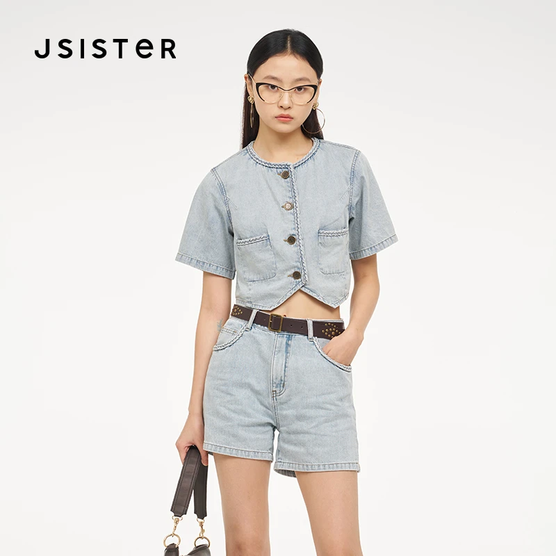 jsister 夏装新款 JS女装时尚浅色牛仔短外套