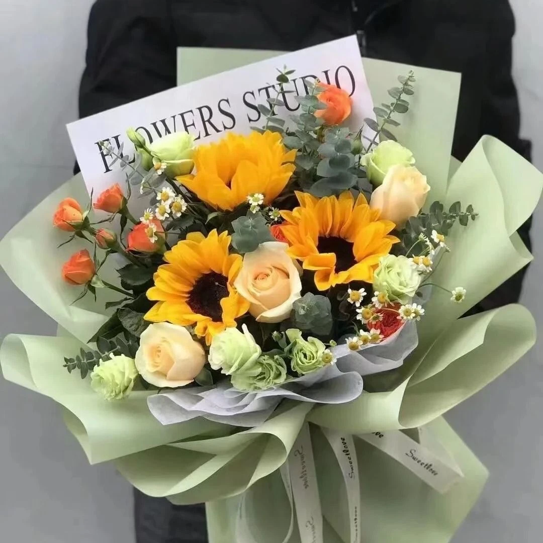 【碧海之核】向日葵3朵混搭香槟玫瑰送老师花束生日礼物礼物送老师同学鲜花