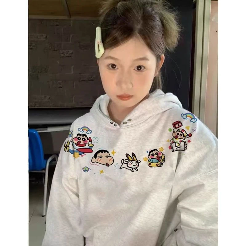 美式潮牌趣味刺绣连帽卫衣女秋冬爆款蜡笔小新设计感显瘦小众上衣