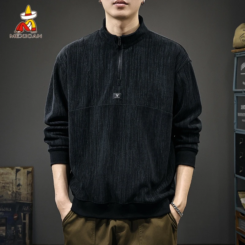 Mexican/稻草人美式潮流长袖卫衣男款秋季宽松休闲半拉链立领上衣
