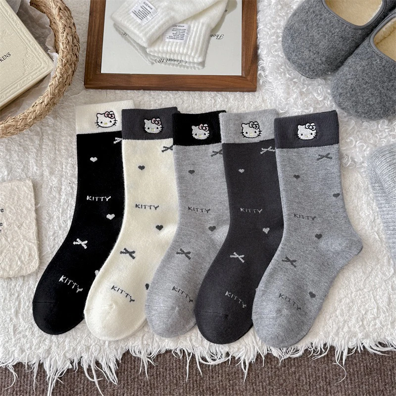 秋冬卡通猫咪刺绣蝴蝶结中筒袜子女韩系可爱ins潮加厚保暖堆堆袜