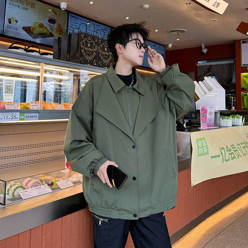 假两件工装夹克男加肥加大码潮胖子宽松痞帅个性春季外套简约帅气