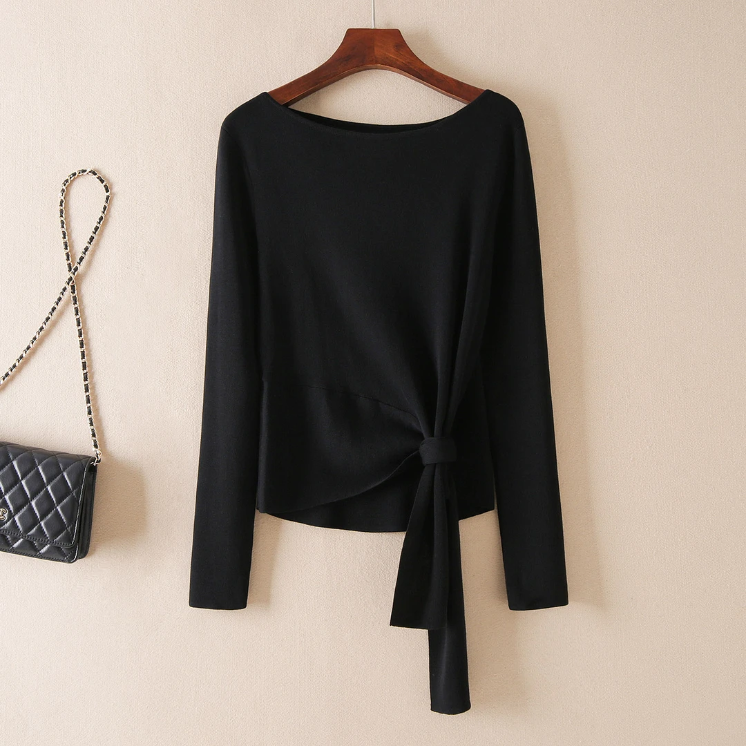 小众设计感扭结纯色系带一字领秋季针织衫长袖时尚上衣