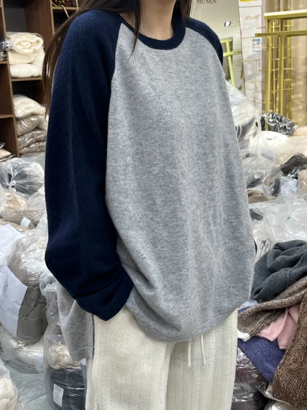 藏青➕灰拼色圆领套头羊绒衫  yy